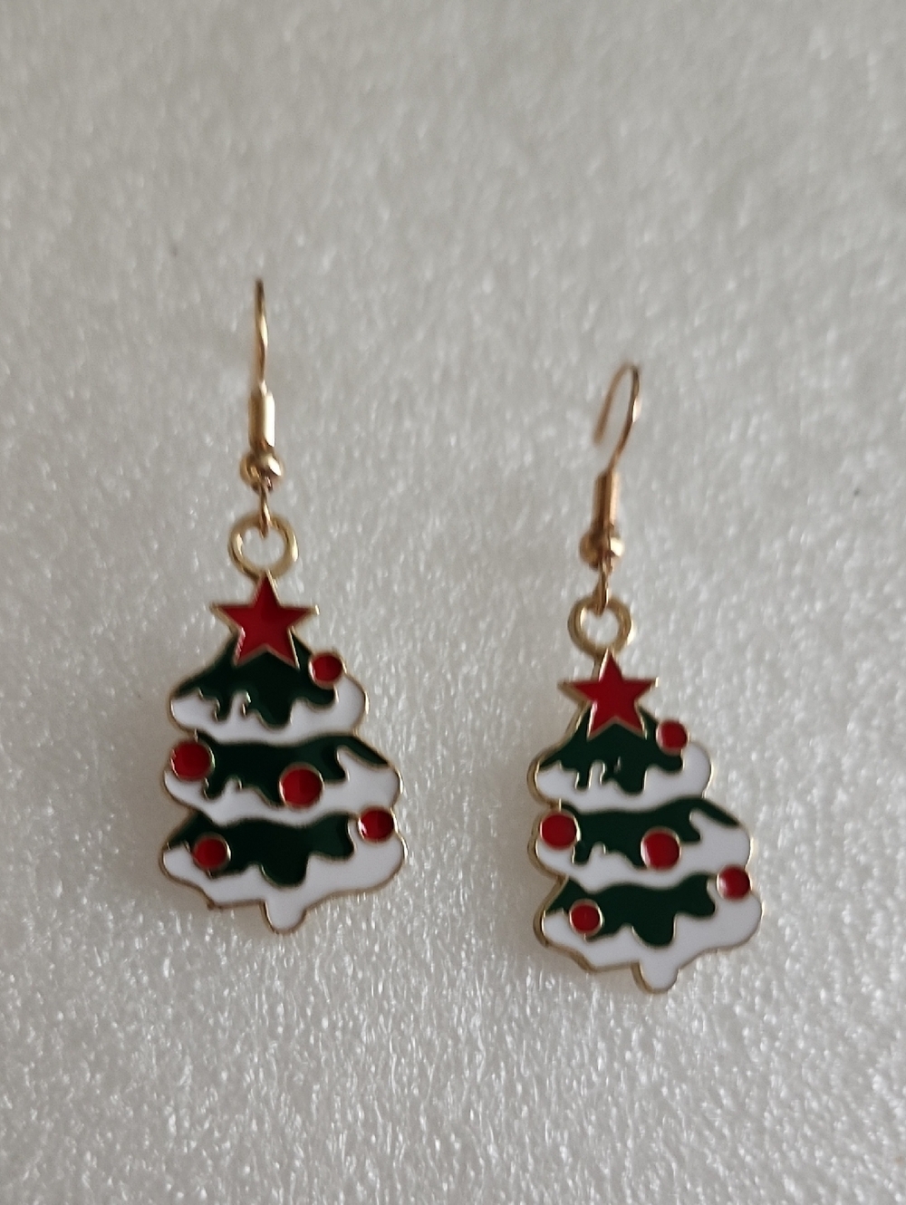 Hand Crafted Green and White Christmas Tree Earrings with Red Accents